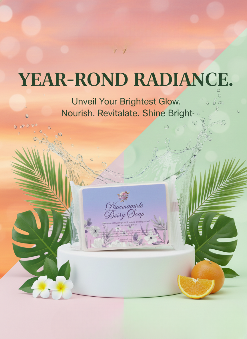 Berry soap bar with leaves, flowers, and oranges on a gradient background with 'Year-Rond Radiance' text.