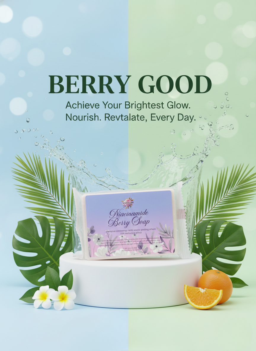 Berry Good soap bar with packaging on a decorative stand with leaves and oranges, against a light blue and green gradient background.