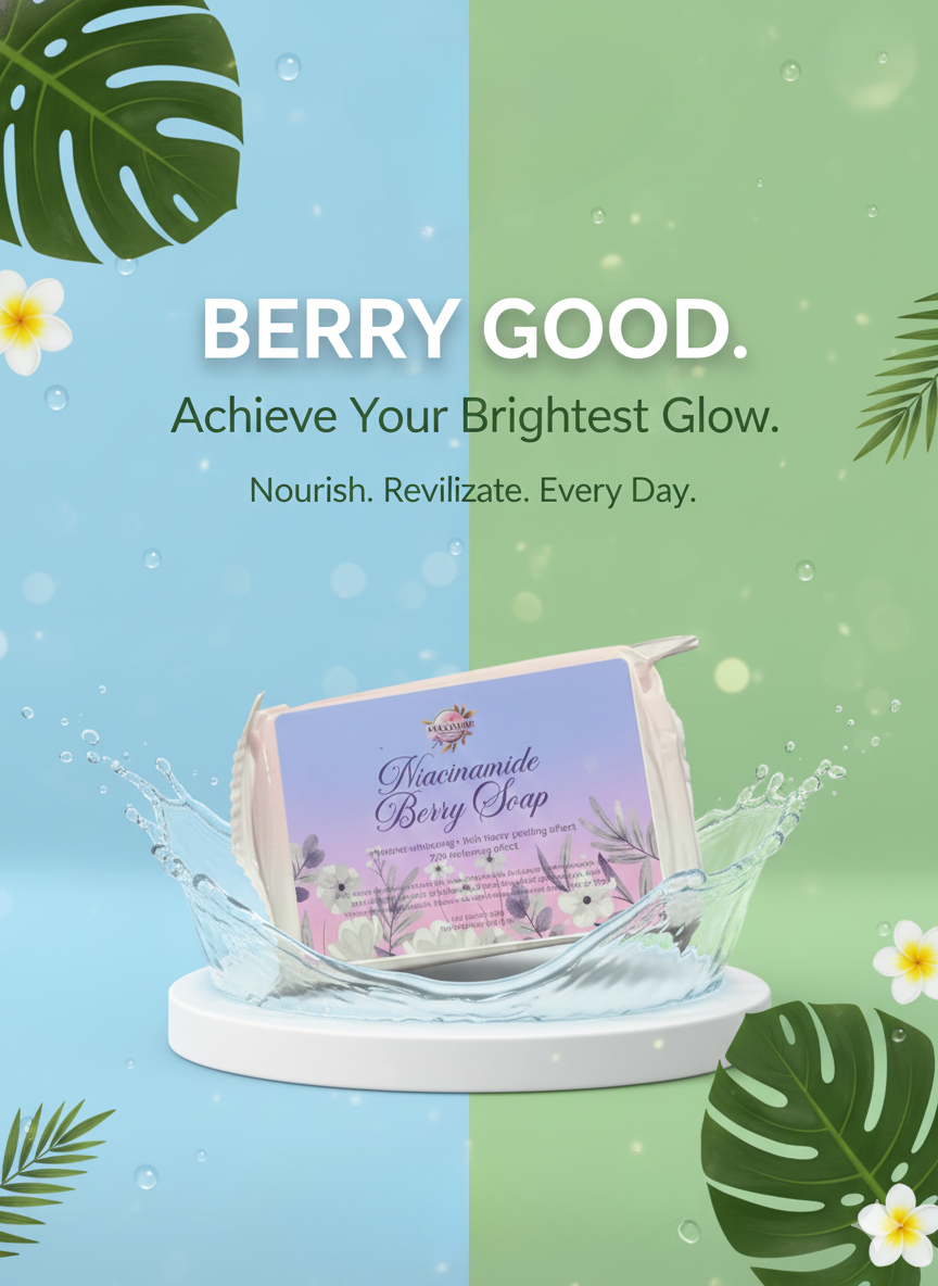 Berry Good soap bar with leaves and flowers on a split blue and green background